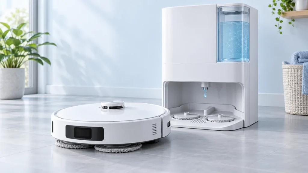 White robot vacuum with dry mop pads beside a full clean-water dock