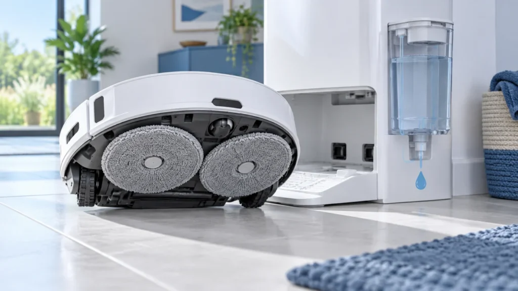 Robot vacuum with dry mop pads beside the clean water dock